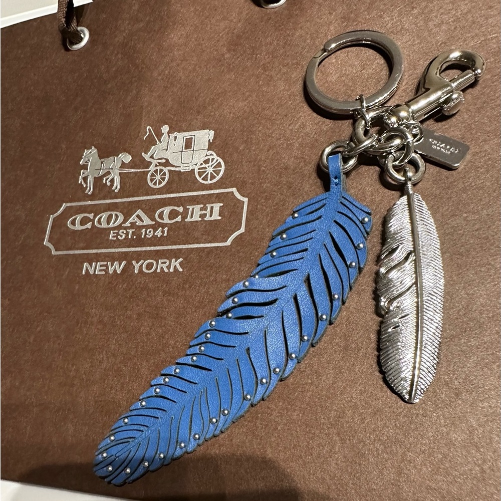Coach blue leather Feather keyfob bag charm key ring